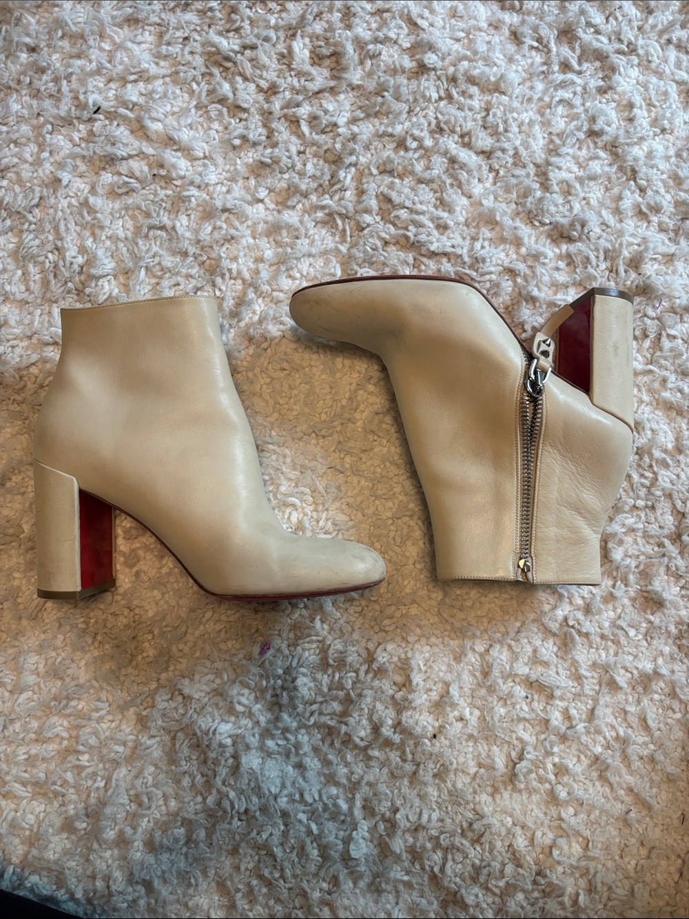 Christian Louboutin Cream Leather Block Heel Ankle Boots with Red Heel Accent
